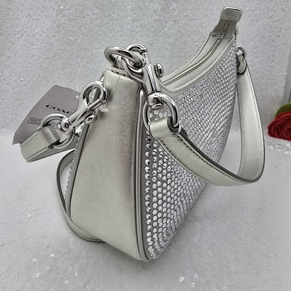 Coach Teri Mini Crystal Silver Metallic Leather Shoulder Crossbody Bag - Picture 10 of 14